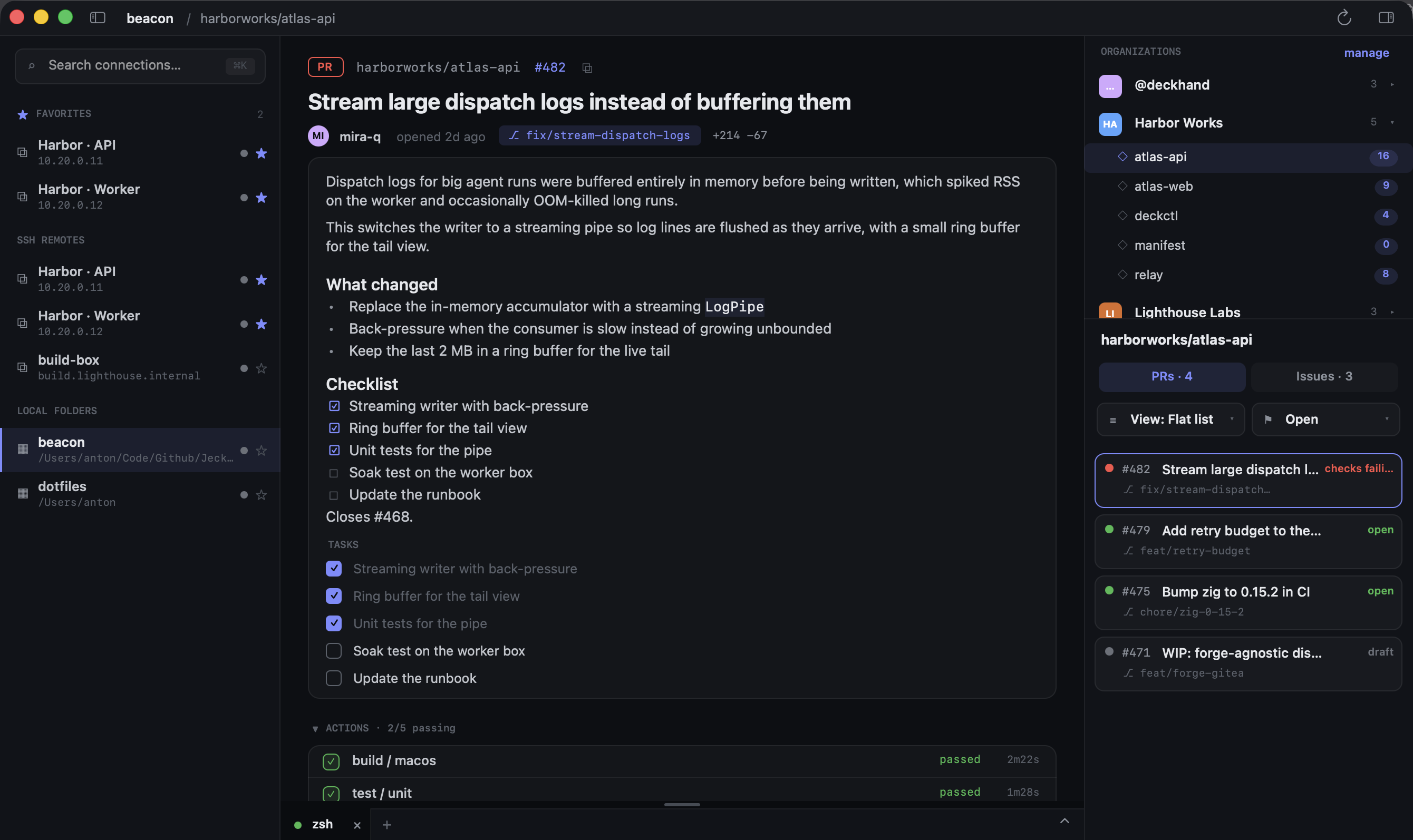 The Bosun console: connection rail, a pull request open in the centre, and the organisation and repository tree on the right.