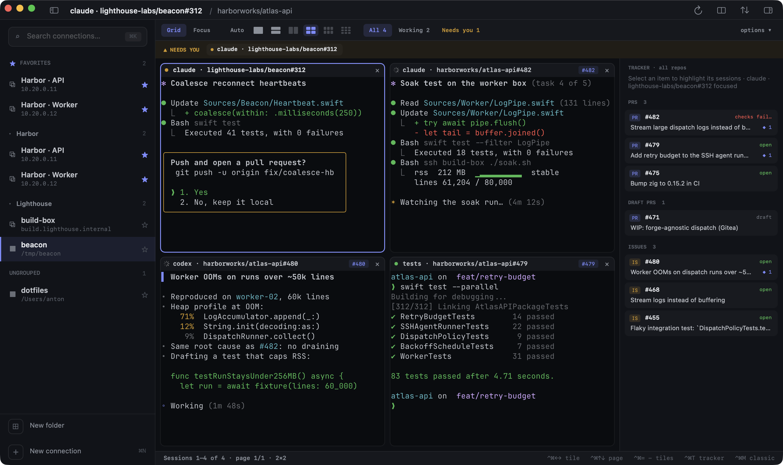 Mission Control: four live terminal sessions in a two-by-two grid, each linked to an issue or pull request, with a needs-you banner for the session waiting on approval and the tracker of open pull requests and issues on the right.