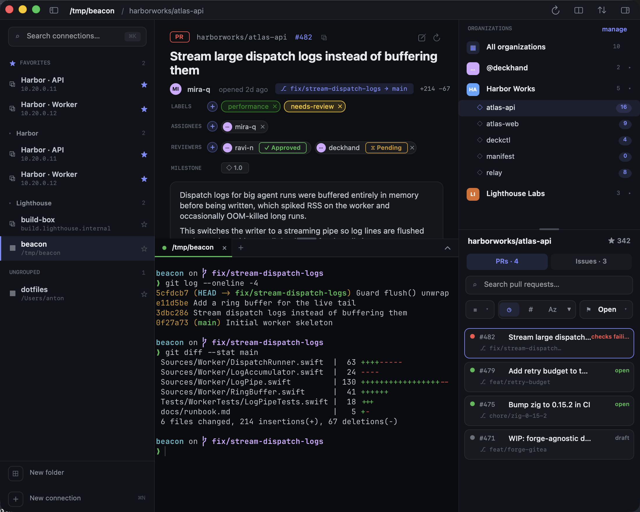 The built-in terminal running a git session on the same branch as the open pull request, its diffstat matching the +214 -67 shown in the detail pane above.
